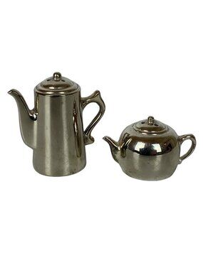 Miniature Shiny Silverplate Coffeepot Teapot Salt & Pepper Shaker Set